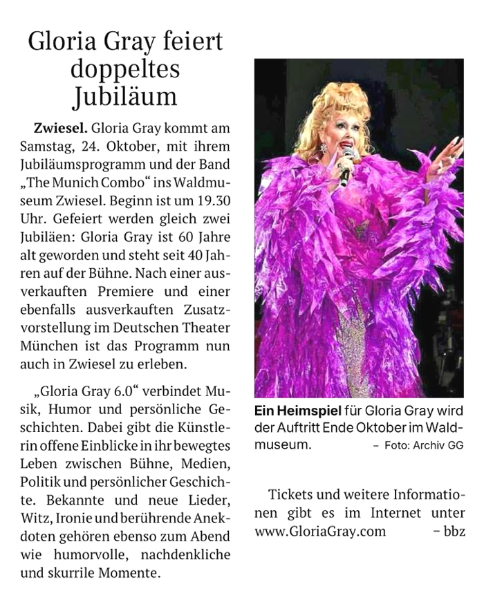 GLORIA GRAY 6.0 & Band im B�rgersaal Waldkirchen - Passauer Neue Presse (PNP), 15.09.2026