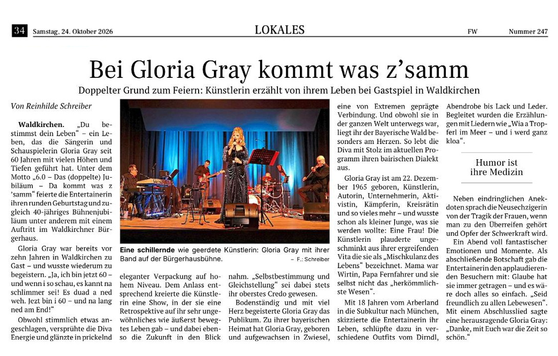GLORIA GRAY 6.0 & Band im B�rgersaal Waldkirchen - Passauer Neue Presse (PNP), 24.10.2026