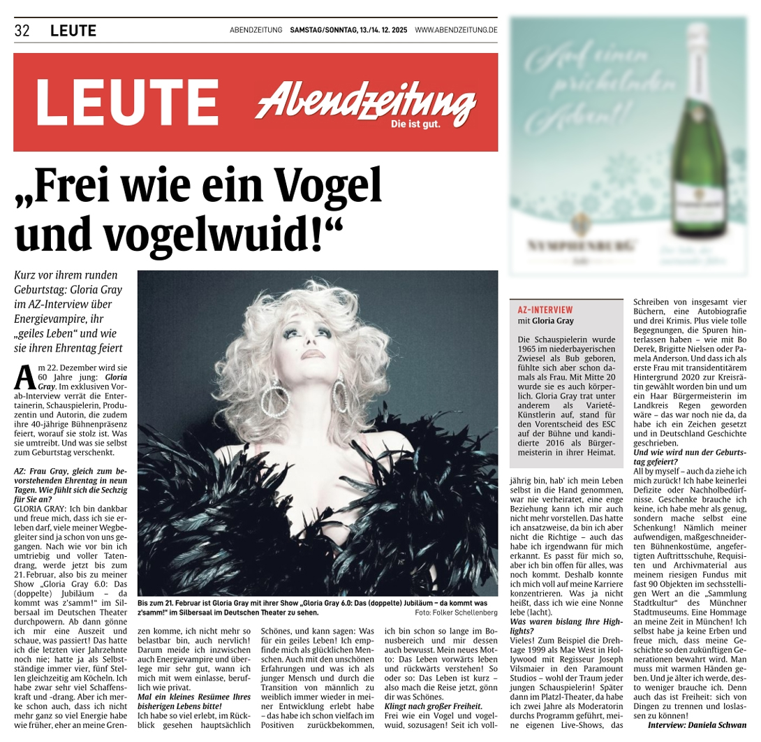 "Frei wie ein Vogel und vogelwuid!" Gloria Gray im AZ-Interview zu ihrem 60.sten Geburtstag, Abendzeitung (AZ) München, 13.12.2025