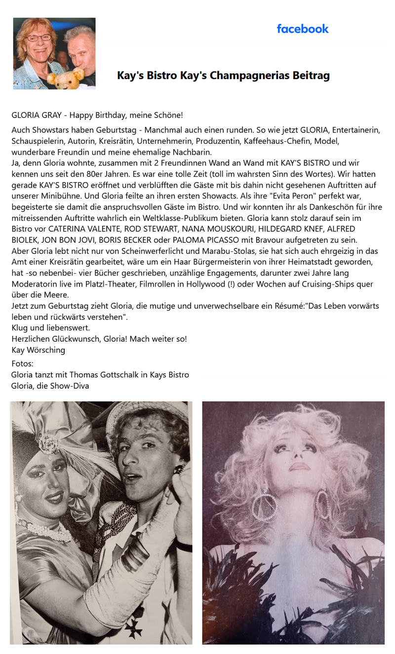Kay Wörsching bei facebook, 22.12.2025 zu Gloria Grays 60.sten Geburtstag