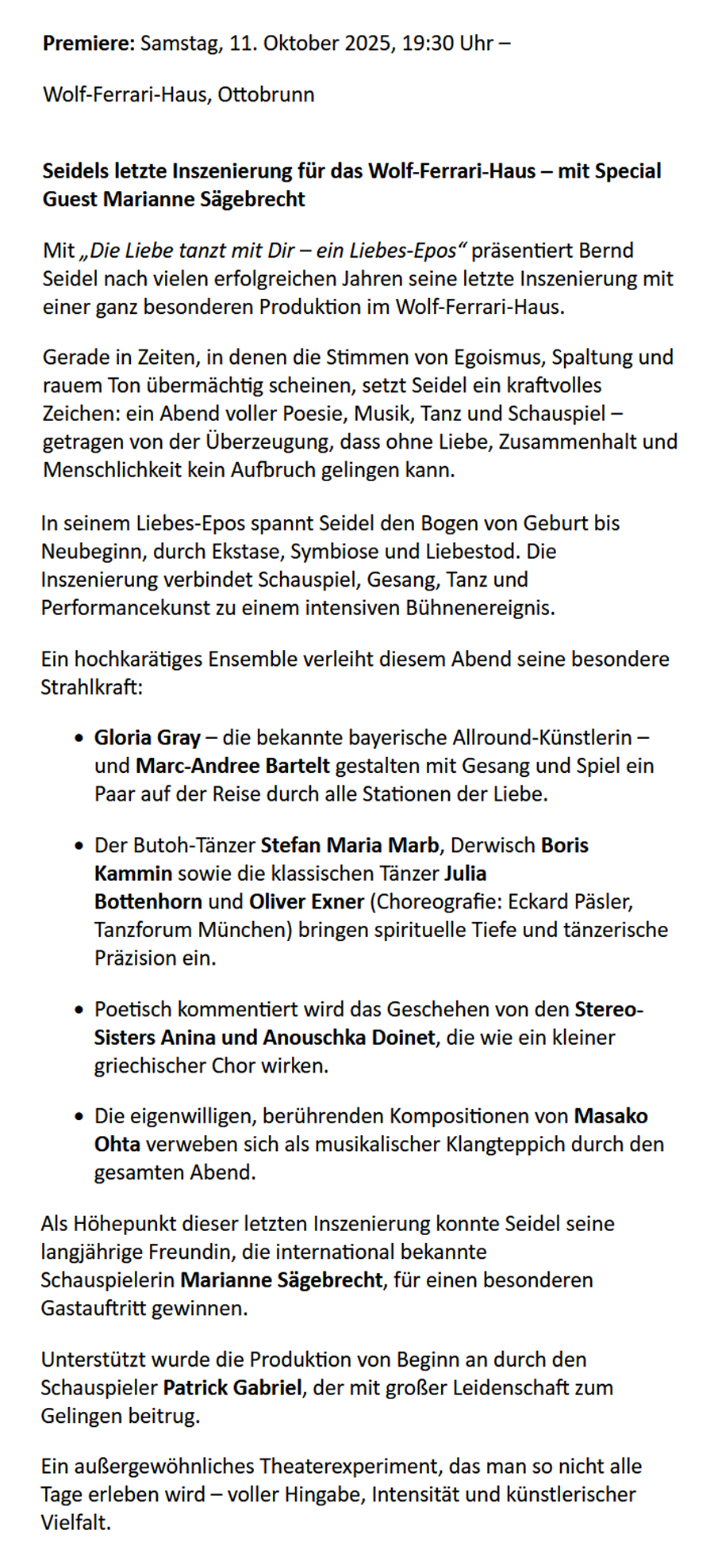 GLORIA GRAY - Die Liebe tanzt mit Dir - Ein Epos über Leidenschaft und Hingabe - Samstag, 11. Oktober 2025, 19:30 Uhr im Wolf-Ferrari-Haus in Ottobrunn